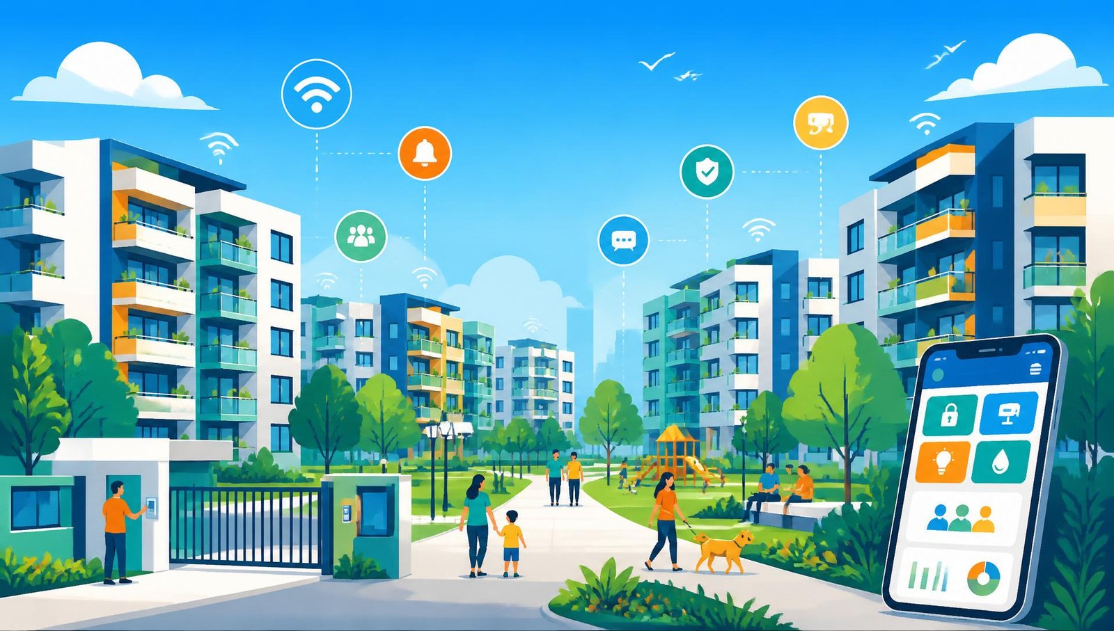 Illustrated modern residential society with apartments, greenery, and connected community apps